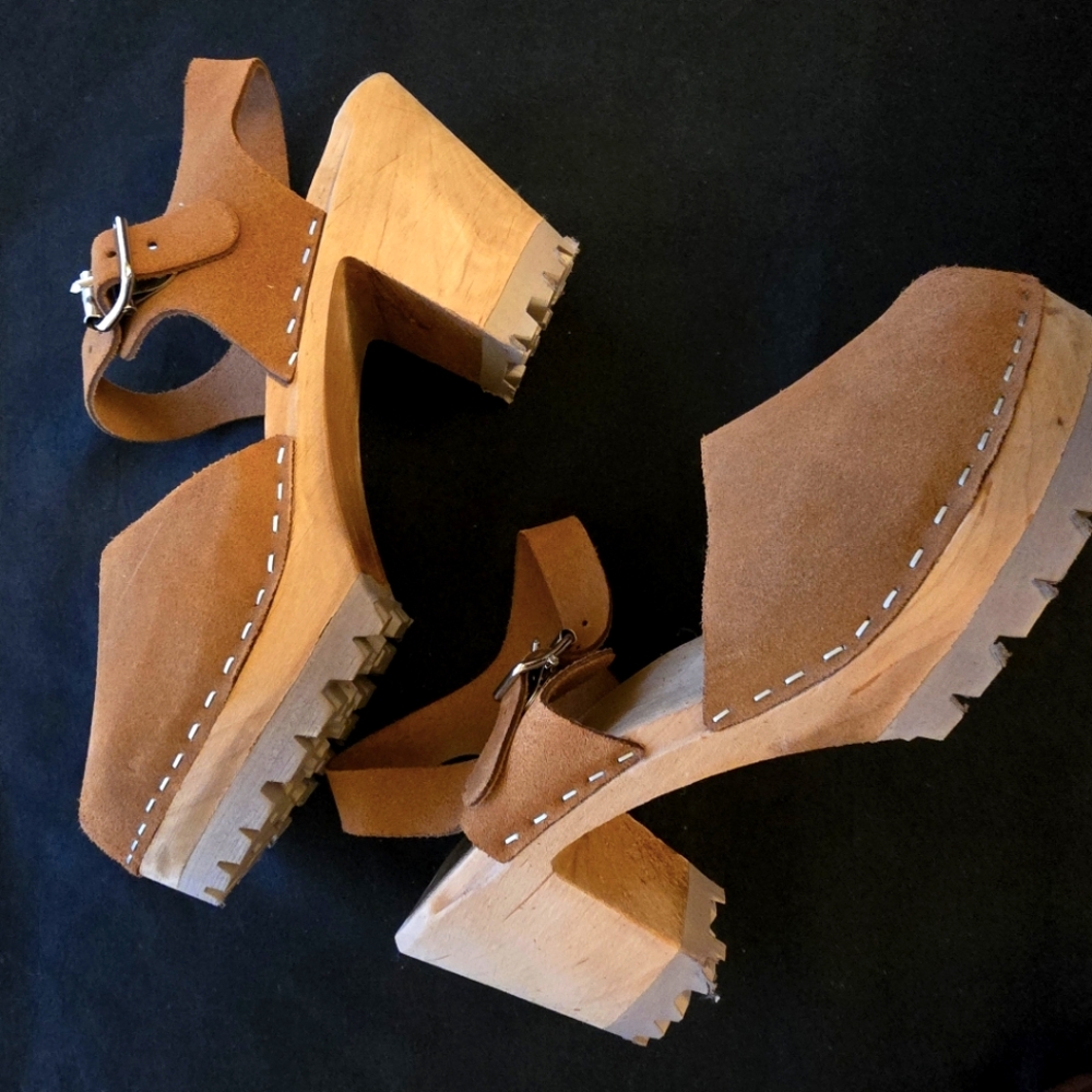 MIA Tan Suede Wooden Platform Clogs